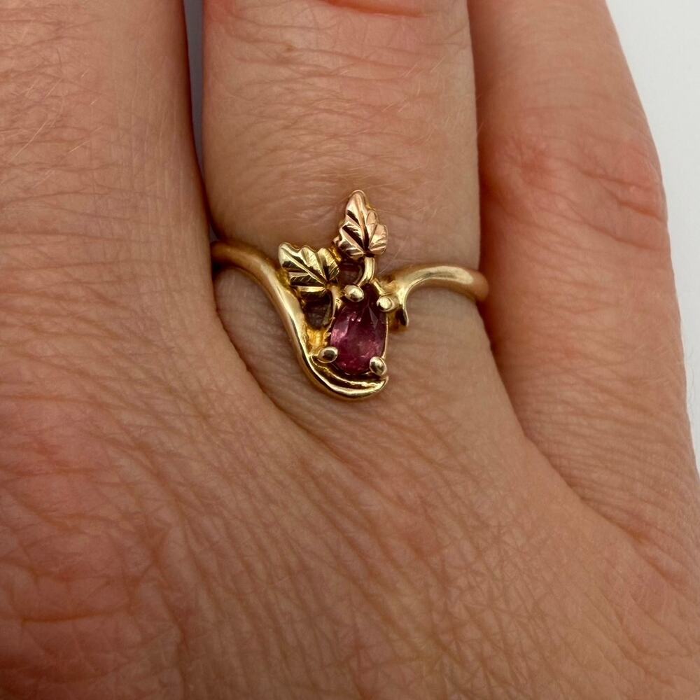 10K Solid Gold Black Hills Gold Pink Tourmaline Leaf Bypass Ring Size 7 Fine